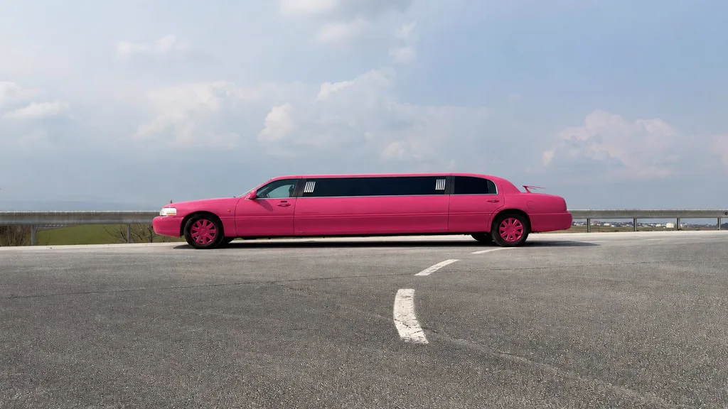 Pinke Stretchlimousine für den Kindergeburtstag in Wien, Seitenansicht unter blauem Himmel